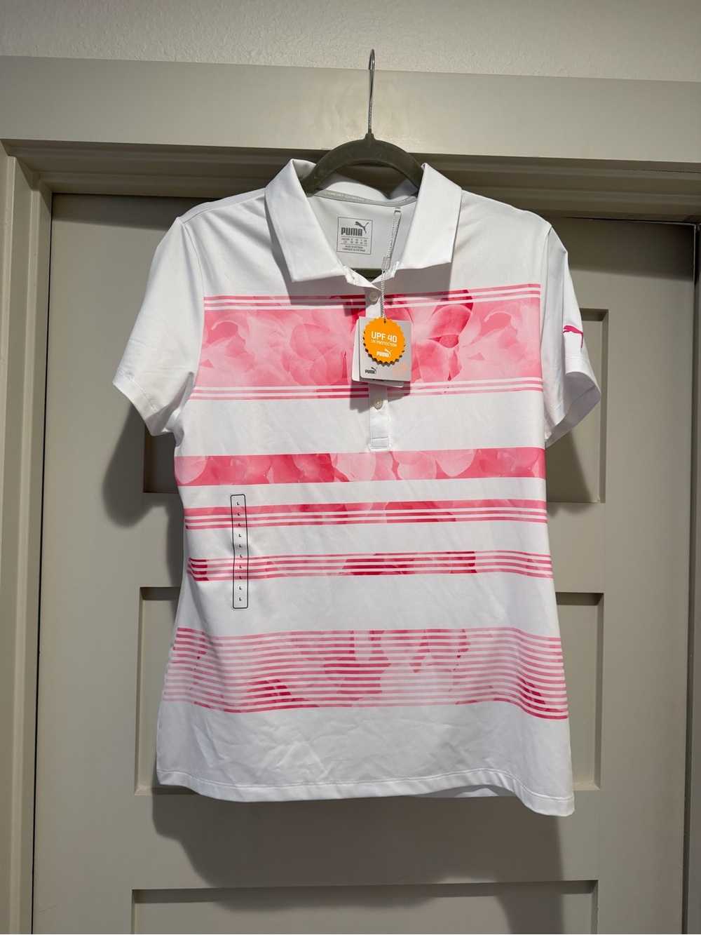 PUMA Golf Women’s Bloom Stripe Polo Shocking Pink size Large NWT
